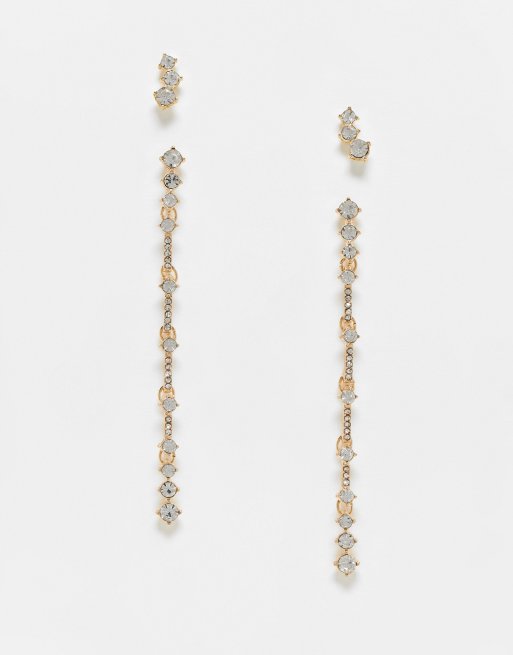 ASOS DESIGN – 2er-Pack goldfarbene Ohrringe mit linearem Schmucksteinanhänger und Ohrstecker-Detail mit Schmucksteinbesatz