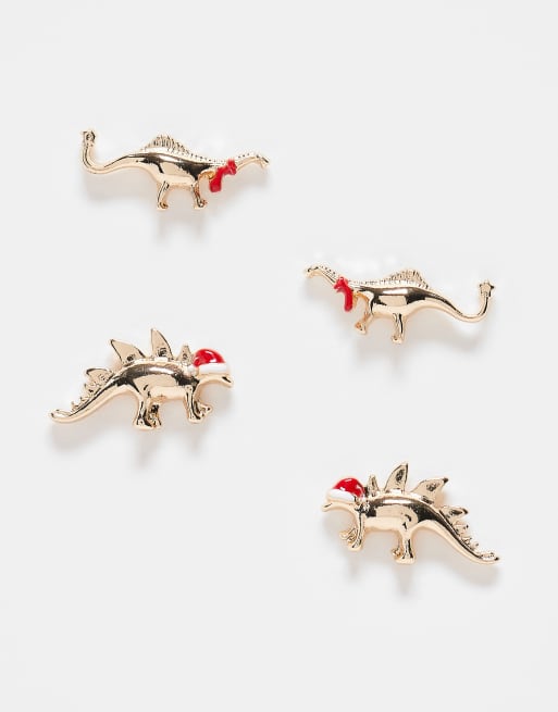 ASOS DESIGN – 2er-Pack goldfarbene Ohrstecker mit weihnachtlichem Dinosaurier-Design