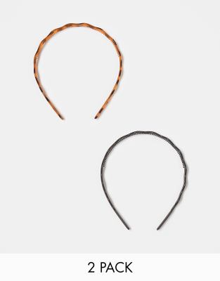 ASOS DESIGN - 2er-Pack Haarreife in Braun und Schildpatt-Optik mit Zinken-Brown