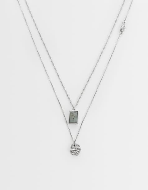 ASOS DESIGN 2er-Pack Halskette mit geschmolzenem und Stein-Anhänger in Silber - view 1