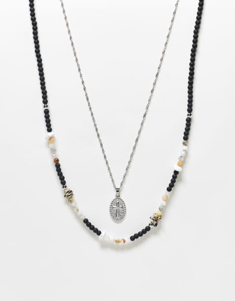ASOS DESIGN – 2er-Pack Halsketten in Silber und Schwarz mit Perlendesign, Halbedelsteinen und Kreuz-Münzanhänger aus Edelstahl - view 1