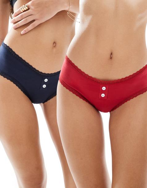ASOS DESIGN – 2er-Pack Hipster-Shorts in Rot und Marineblau mit Spitzenborte und Knopfdetail - view 1