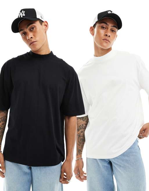 ASOS DESIGN – 2er-Pack hochgeschlossene Oversize-T-Shirts in Schwarz und Weiß