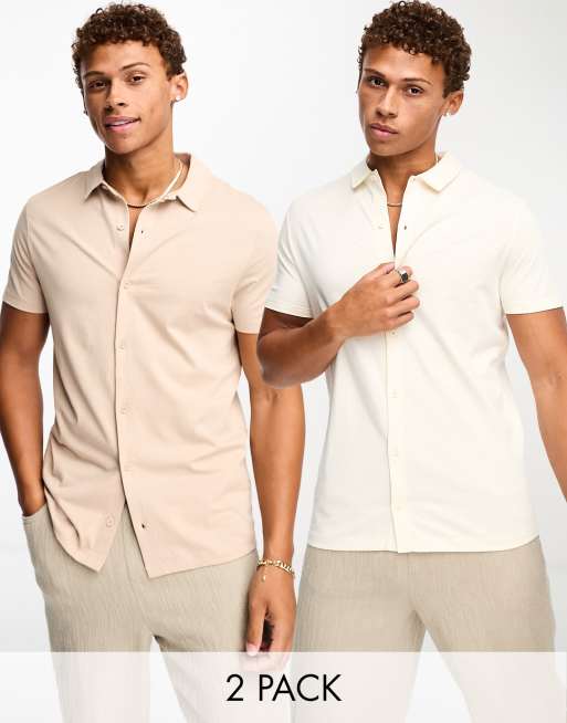 ASOS DESIGN – 2er-Pack Jersey-Hemden in Ecru und Braun