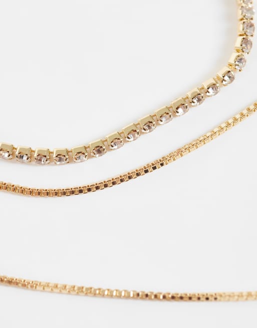 ASOS DESIGN 2er-Pack Kettenarmbänder mit Knebelverschluss und Kristall-Cupchain in Goldoptik mit Geschenkbeutel, 3 von 3