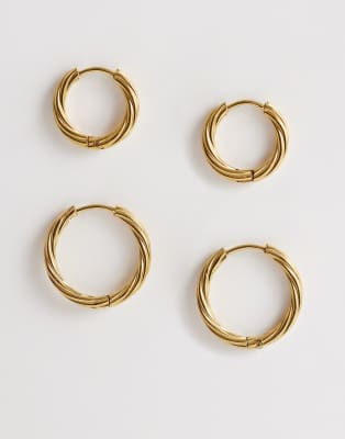 ASOS DESIGN - 2er-Pack kleine Creolen aus wasserfestem Edelstahl in verdrehter Goldoptik-Goldfarben