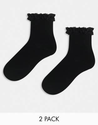 ASOS DESIGN - 2er-Pack knöchelhohe Socken in Schwarz mit Rüschenkante