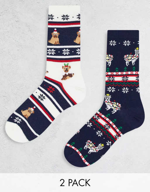 ASOS DESIGN – 2er-Pack knöchelhohe Socken mit weihnachtlichem Tier- und Norwegermuster