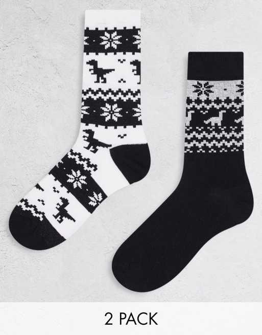 ASOS DESIGN – 2er-Pack knöchelhohe Weihnachts-Socken mit Dinosaurier-Rautenmuster