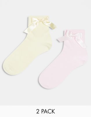 ASOS DESIGN - 2er-Pack Knöchelsocken in Gelb und Rosa mit Schleifendetail-Bunt