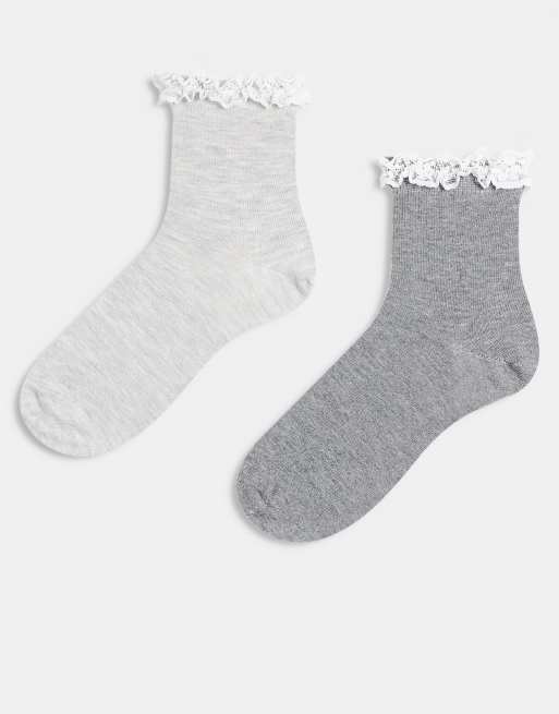 ASOS DESIGN – 2er-Pack Knöchelsocken in grau meliert mit Rüschenrand
