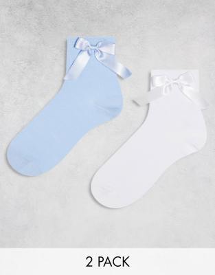 ASOS DESIGN - 2er-Pack Knöchelsocken in Weiß und Blau mit Schleifendetail-Bunt