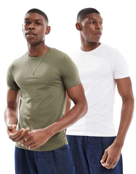 ASOS DESIGN – 2er-Pack körperbetonte Basic-T-Shirts in Khaki und Weiß - view 1