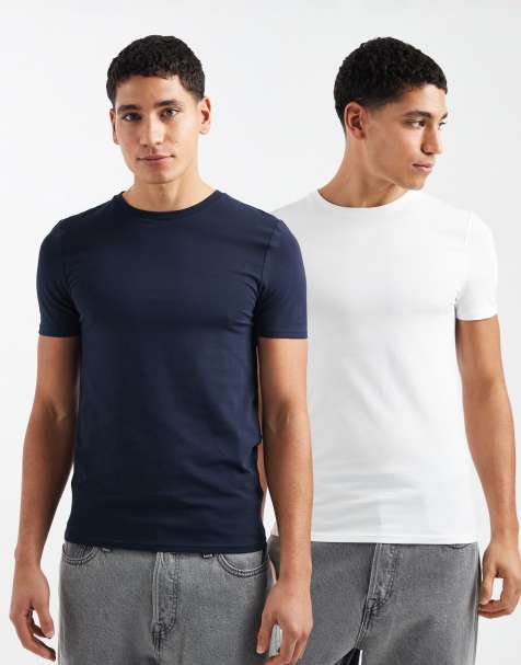 ASOS DESIGN – 2er-Pack körperbetonte Basic-T-Shirts in Weiß und Marineblau - view 1