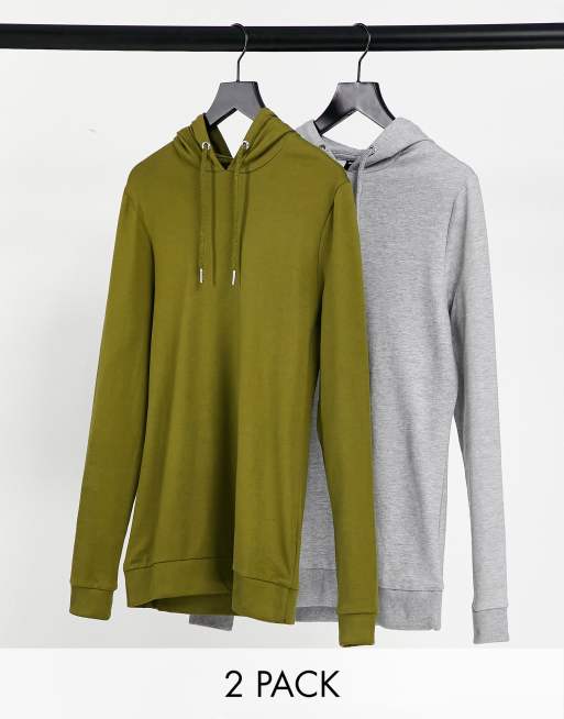 ASOS DESIGN – 2er-Pack körperbetonte Kapuzenpullover in Grün/Kalkgrau - MULTI