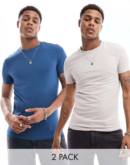 ASOS DESIGN – 2er-Pack körperbetonte T-Shirts in Grau und Blau