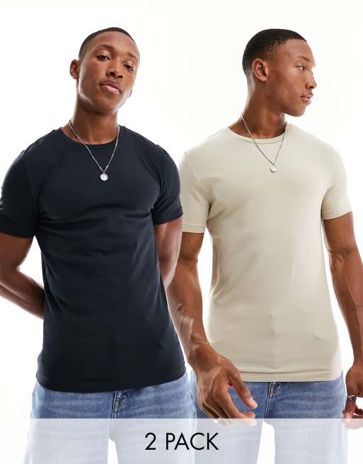 ASOS DESIGN – 2er-Pack körperbetonte T-Shirts in Schwarz und Taupe mit Rundhalsausschnitt