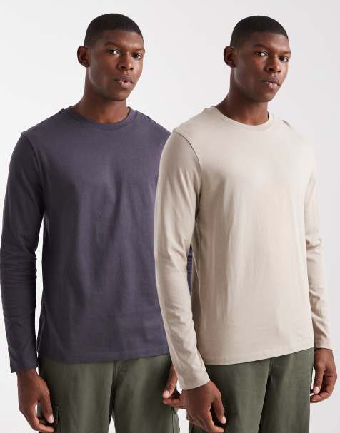 ASOS DESIGN – 2er-Pack langärmlige Basic-T-Shirts in Beige und Anthrazit - view 1
