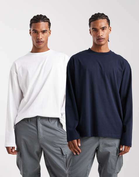ASOS DESIGN – 2er-Pack langärmlige Basic-T-Shirts in Weiß und Marineblau mit Oversize-Passform - view 1
