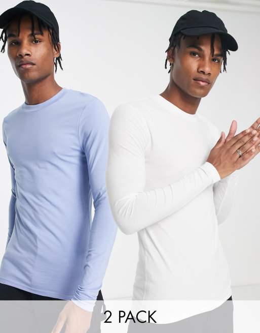 ASOS DESIGN – 2er-Pack langärmlige Muskelshirts in Blau und Weiß