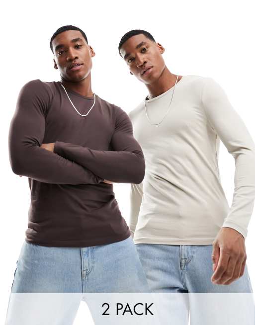 ASOS DESIGN – 2er-Pack langärmlige Muskelshirts in Braun und Taupe
