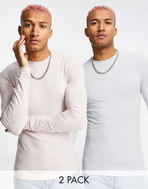 ASOS DESIGN – 2er-Pack langärmlige Muskelshirts in Pastellblau und Rosa