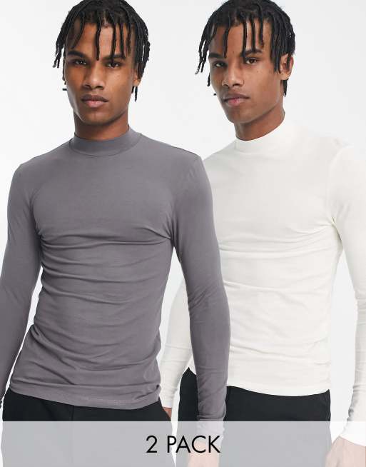 ASOS DESIGN – 2er-Pack langärmlige Muskelshirts in Weiß und Grau mit Stehkragen