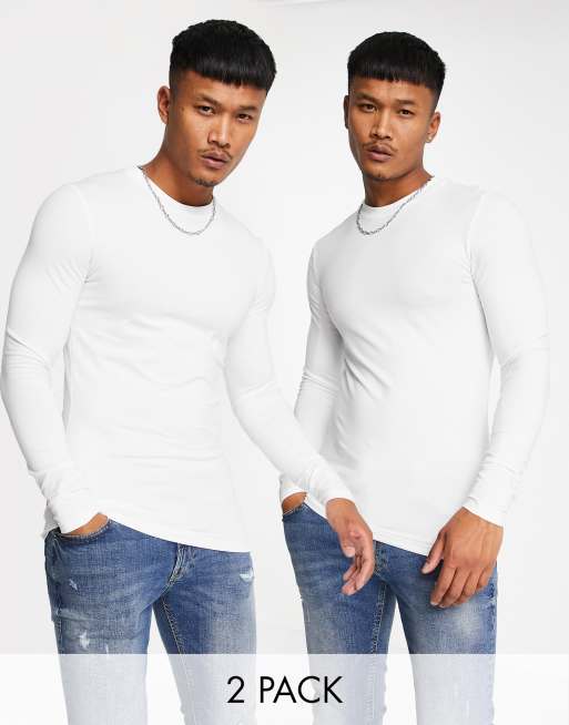 ASOS DESIGN – 2er-Pack langärmlige Muskelshirts mit Rundhalsausschnitt in Weiß