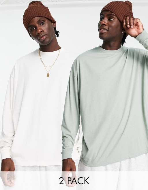 ASOS DESIGN – 2er-Pack langärmlige Oversize-Shirts aus Baumwollmix in verschiedenen Farben – MULTI