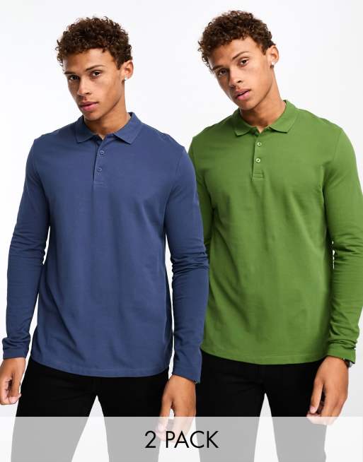 ASOS DESIGN – 2er-Pack langärmlige Piqué-Polohemden in Grün und Marineblau