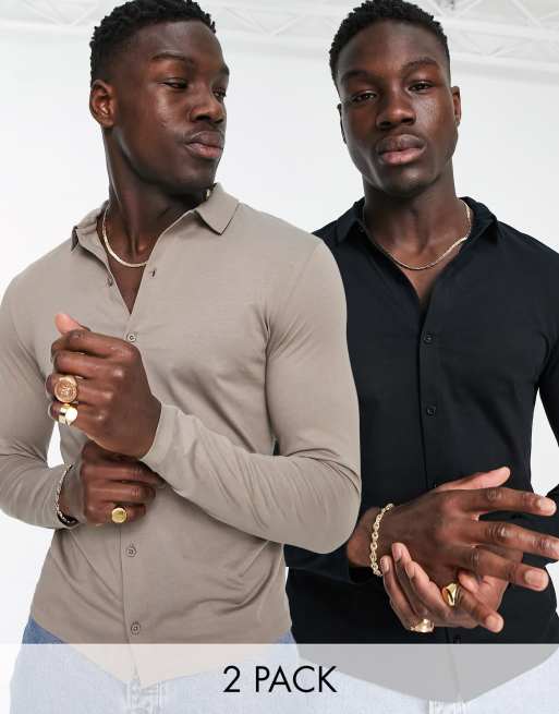 ASOS DESIGN – 2er-Pack langärmlige Polohemden aus Jersey in verschiedenen Farben