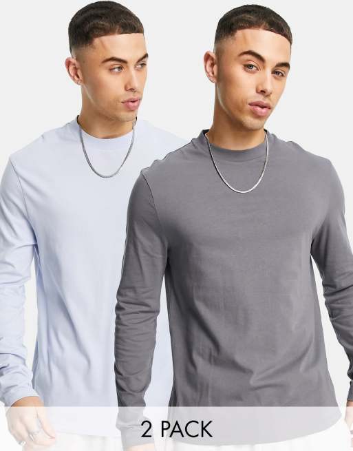 ASOS DESIGN – 2er-Pack langärmlige Shirts in verwaschenem Blau und Grau mit Rundhalsausschnitt