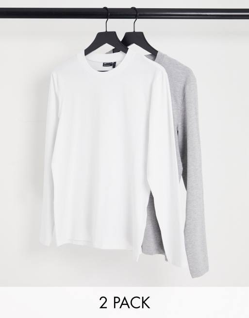 ASOS DESIGN – 2er-Pack langärmlige Shirts in Weiß und Grau meliert