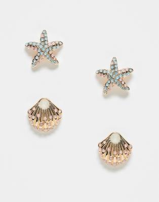 ASOS DESIGN - 2er-Pack maritime Ohrstecker in Gold-Goldfarben