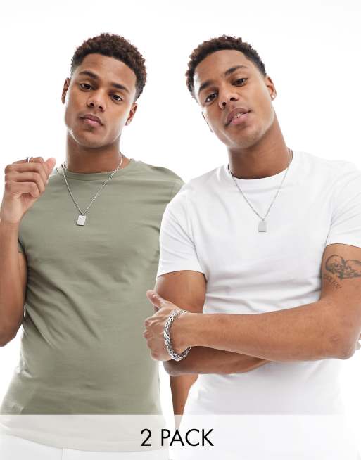 ASOS DESIGN – 2er-Pack Muskel-T-Shirts in Weiß und Grün mit Rundhalsausschnitt
