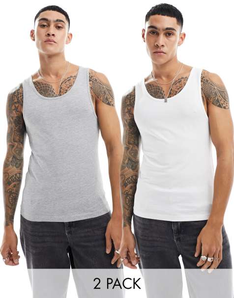 ASOS DESIGN – 2er-Pack Muskel-Trägertops in Weiß und Grau meliert - view 1