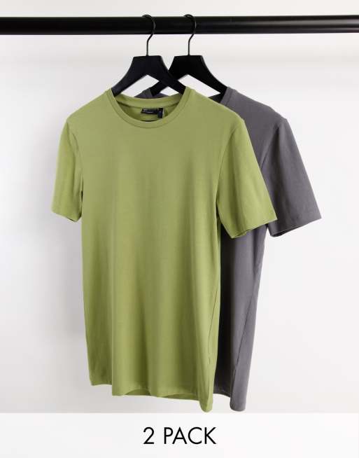 ASOS DESIGN – 2er-Pack Muskelshirts in Khaki und Grau mit Rundhalsausschnitt