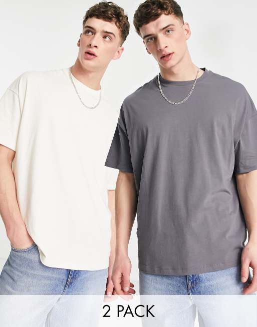 ASOS DESIGN – 2er-Pack Oversize-T-Shirts in Weiß und Grau mit Rundhalsausschnitt