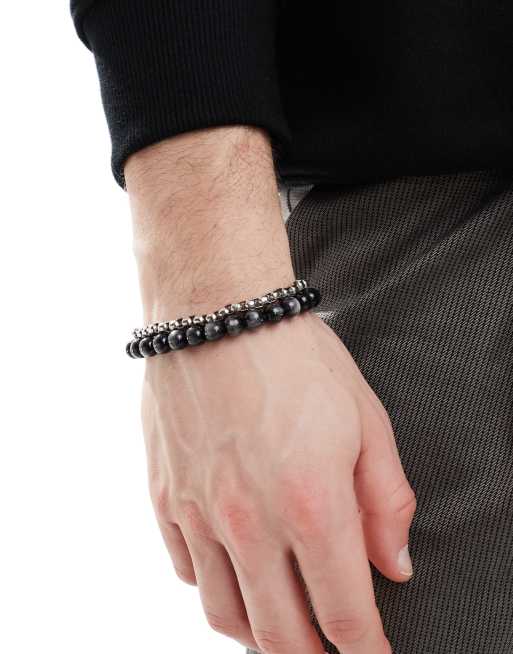 ASOS DESIGN – 2er-Pack Perlen- und Kettenarmband in Schwarz und Silberoptik