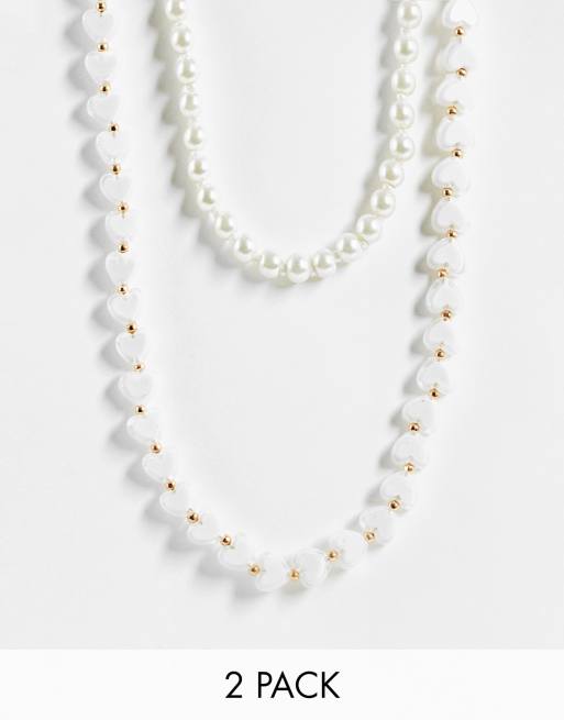 ASOS DESIGN – 2er-Pack Perlenketten mit 6-mm-Kunstperlen und herzförmigen Perlen