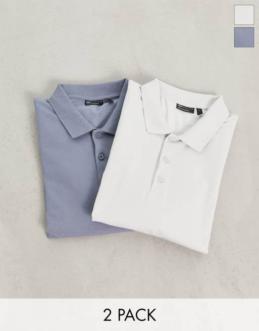 ASOS DESIGN – 2er-Pack Polohemden mit körperbetontem Schnitt in Weiß und Blau