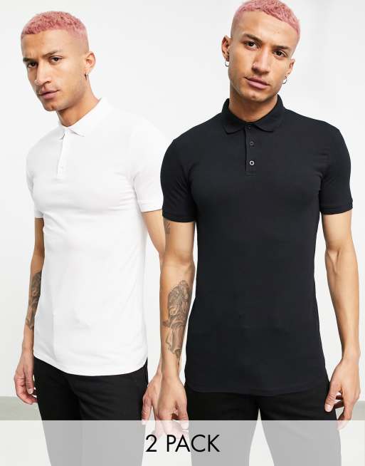ASOS DESIGN – 2er-Pack Polohemden mit körperbetontem Schnitt in Weiß und Schwarz