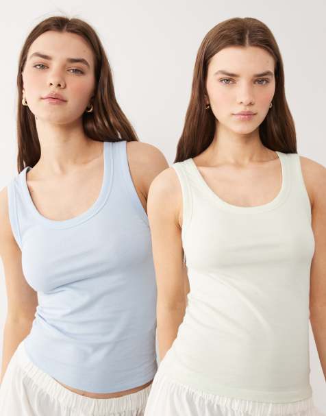 ASOS DESIGN – 2er-Pack Pyjama-Trägertops in Blau und Salbeigrün - view 1