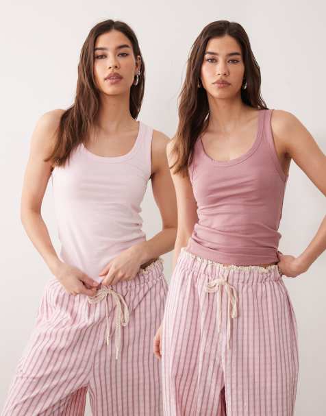 ASOS DESIGN – 2er-Pack Pyjama-Trägertops in Nerzrosa und Rosa - view 1