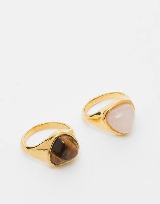 ASOS DESIGN - 2er-Pack Ringe aus Edelstahl in Goldoptik mit echten Halbedelsteinen-Goldfarben