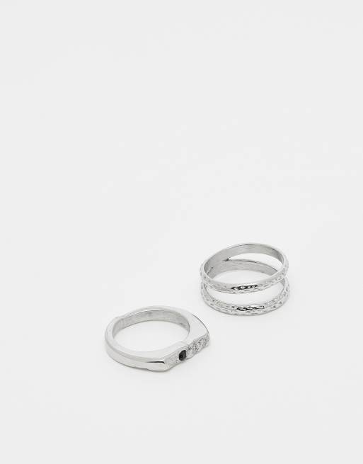 ASOS DESIGN – 2er-Pack Ringe aus wasserfestem Edelstahl in Silber-Optik mit gehämmerten Details