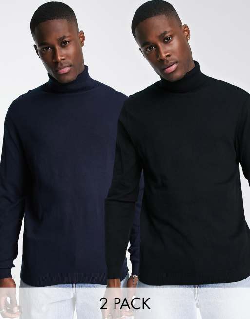ASOS DESIGN – 2er-Pack Rollkragenpullover aus Baumwolle in Schwarz und Navy, RABATT