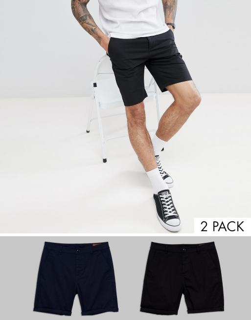 ASOS DESIGN – 2er Pack schmale Chino-Shorts in Marine & Schwarz, Rabatt