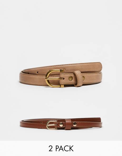 ASOS DESIGN – 2er-Pack schmale Jeansgürtel für Taille und Hüfte in Hellbraun und Beige