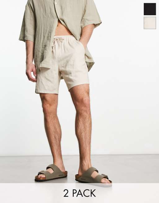ASOS DESIGN – 2er-Pack schmale, mittellange Shorts aus Leinenmix in Beige und Schwarz , 2 von 4